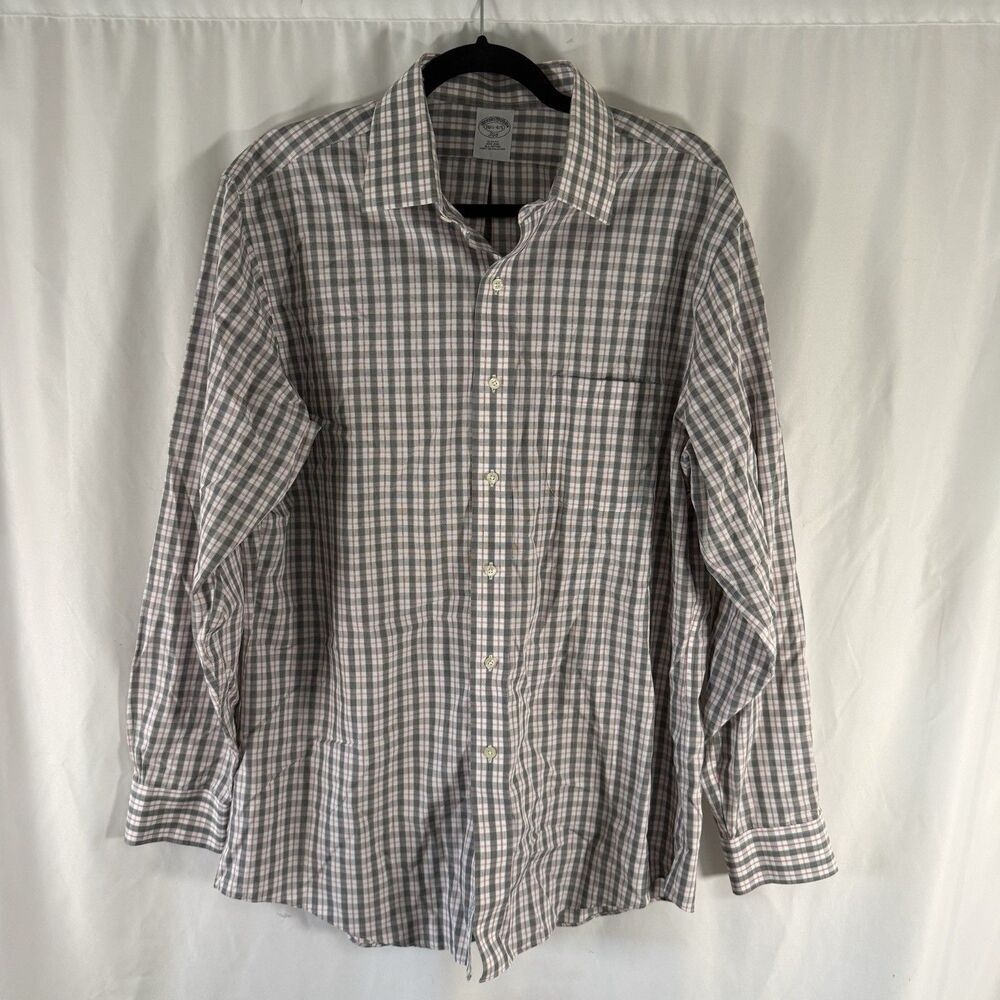 Brooks Brothers Dress Shirt Men's 16.5 White Red Plaid Button Up Long Sleeve Col